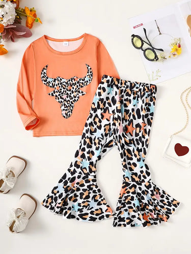 2pcs Girl's Bull Print Outfit, Long Sleeve Top & Leopard Pattern Flared Pants Set